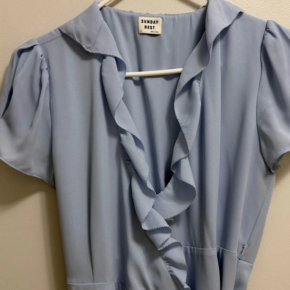 Sunday Best Light Blue Ruffle Wrap Mini Dress - Picture 3 of 9